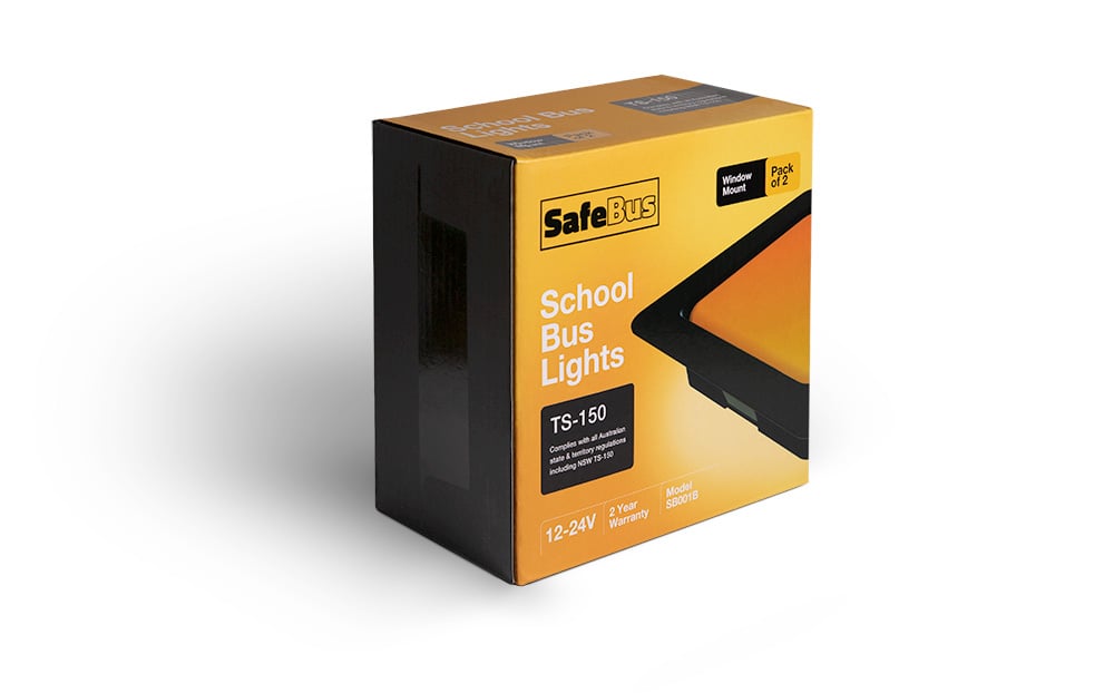 Product shot of a box of Safebus SB001B window mount School Bus Lights