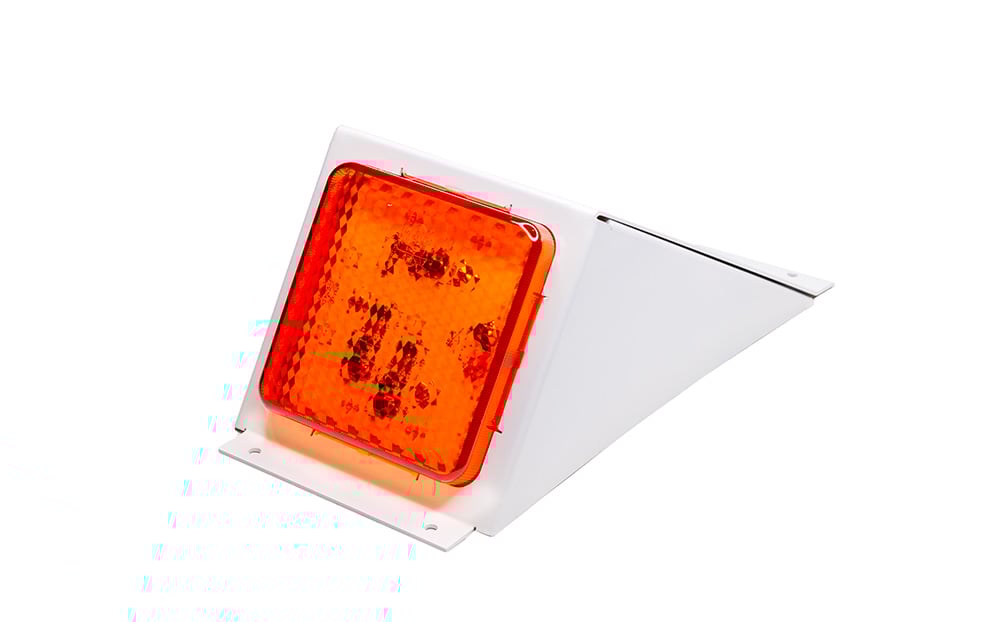 SB001F Amber Orange roof mount school bus light in a white mount for 5th (H200) and 6th (H300) generation Toyota HiAce Commuter & LDV Deliver 9 bus to comply with Victoria, Queensland, Tasmania, Northern Territory, Western Australia, ACT, South Australia school bus regulations