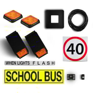 Image of the contents of the Toyota HiAce Commuter and LDV Deliver 9 NSW TS150 school bus light kit, including school bus signage, When Lights Flash sign, front amber school bus lights in a black mount, rear school bus lights in boxes, black vinyl surround, 40km/h sign, flasher unit, switch and wiring loom