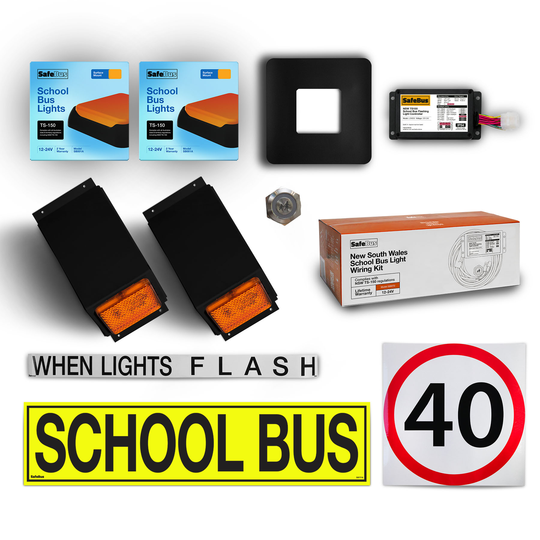 Image of the contents of the Toyota HiAce Commuter and LDV Deliver 9 NSW TS150 school bus light kit, including school bus signage, When Lights Flash sign, front amber school bus lights in a black mount, rear school bus lights in boxes, black vinyl surround, 40km/h sign, flasher unit, switch and wiring loom