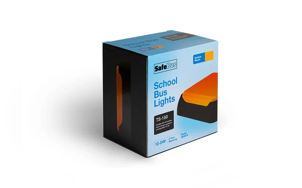 Product shot of a box of Safebus SB001A surface mount School Bus Lights