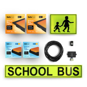 Image of the contents of the school bus light interior & exterior mount kit for School buses, including school bus signage, front window mount amber school bus lights, rear surface mount school bus lights, flasher unit, switch and wiring loom