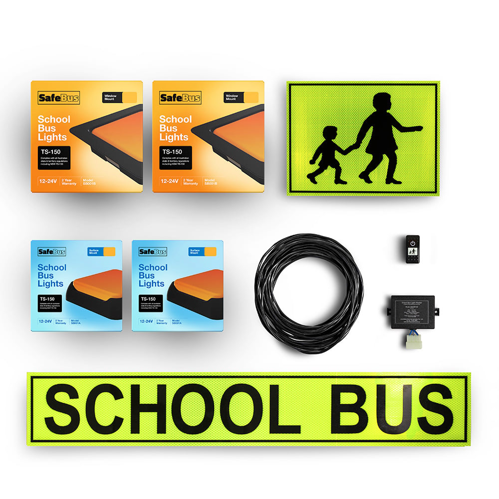 Image of the contents of the school bus light interior & exterior mount kit for School buses, including school bus signage, front window mount amber school bus lights, rear surface mount school bus lights, flasher unit, switch and wiring loom