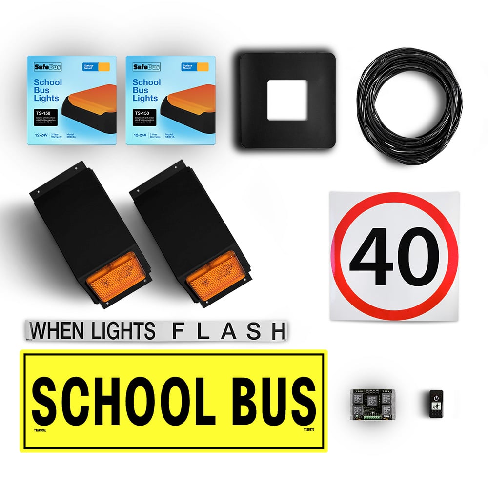 Image of the contents of the Toyota HiAce Commuter and LDV Deliver 9 NSW TS150 school bus light kit, including school bus signage, When Lights Flash sign, front amber school bus lights in a black mount, rear school bus lights in boxes, black vinyl surround, 40km/h sign, flasher unit, switch and wiring loom
