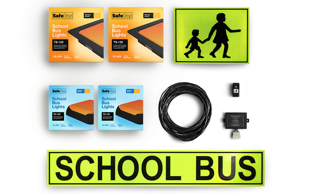 Image of the contents of the school bus lights interior & exterior mount kit for School buses, including school bus signage, front window mount amber school bus lights, rear surface mount school bus lights, flasher unit, switch and wiring loom