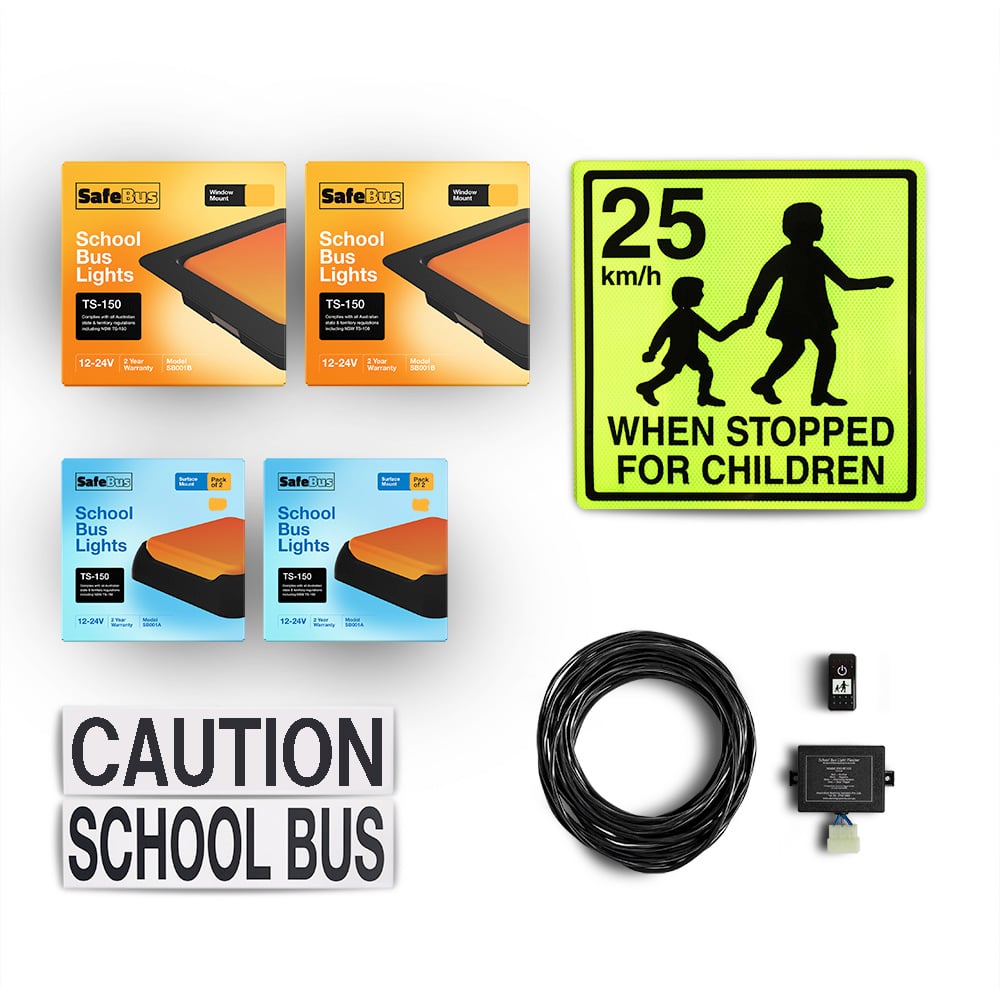 Image of the contents of the school bus lights interior, hybrid & exterior mount kit for School buses, including school bus signage, front window mount amber school bus lights, rear surface mount school bus lights, flasher unit, switch and wiring loom for South Australia