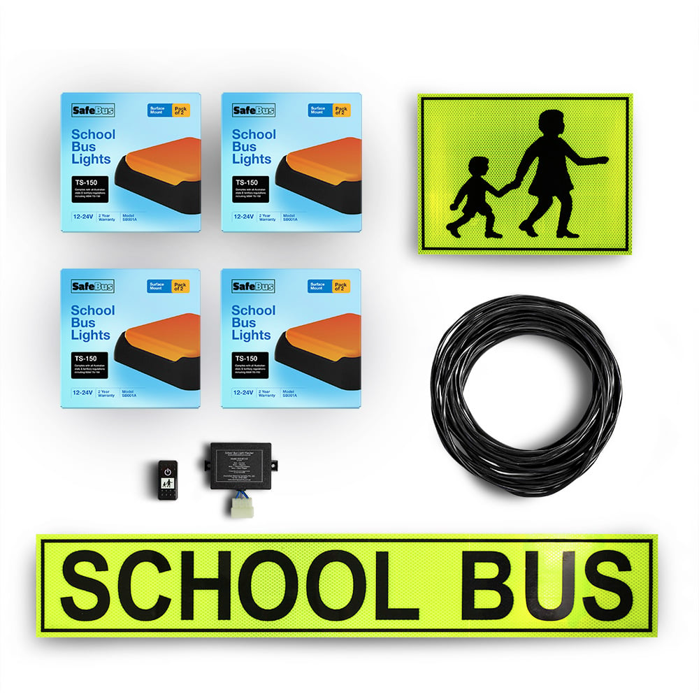 Image of the contents of the Victorian School Bus Light Kit external mount for school buses, including school bus signage, front surface mount amber school bus lights, rear surface mount school bus lights, flasher unit, switch and wiring loom.