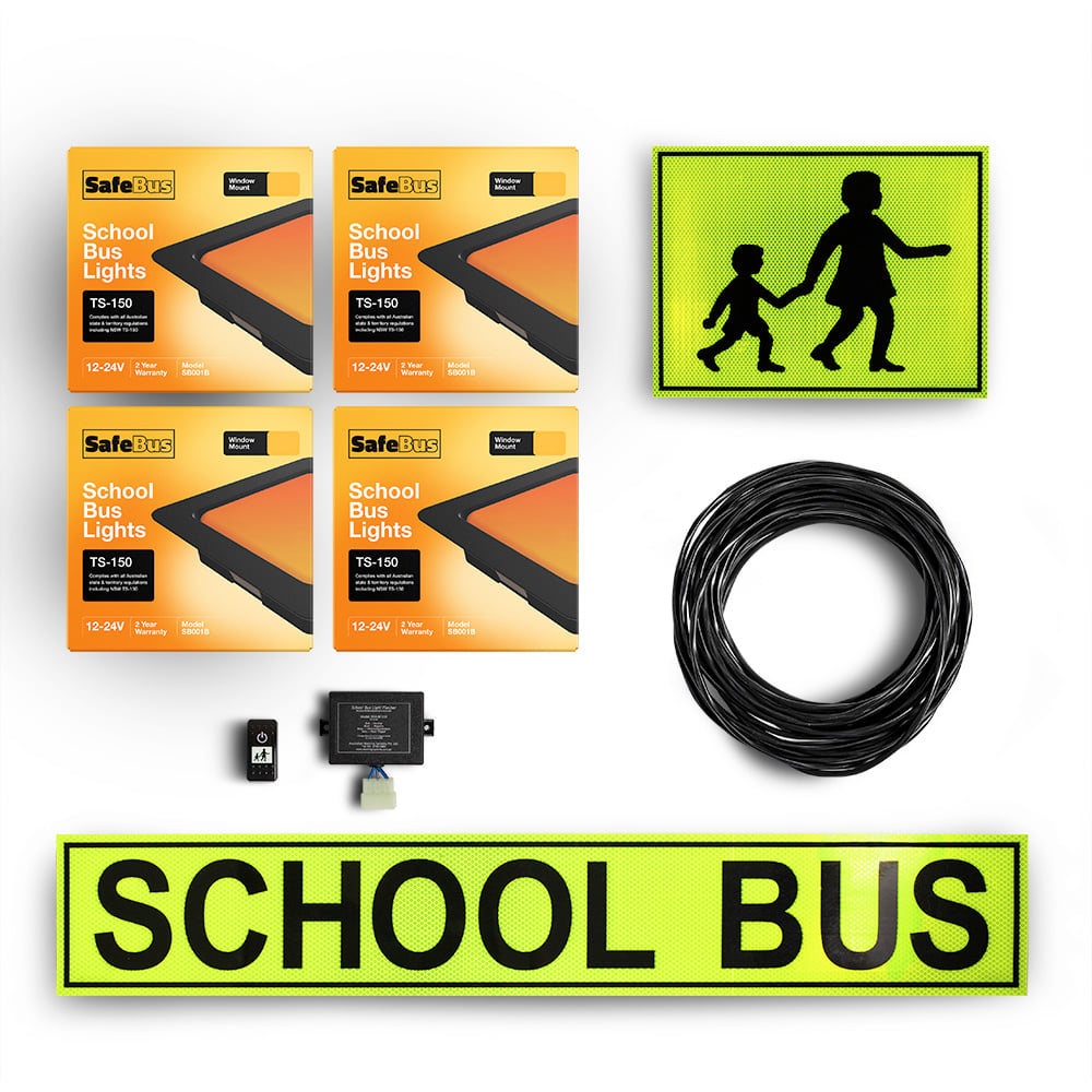 Image of the contents of the Victorian school bus light interior mount kit for school buses, including school bus signage, front window mount amber school bus lights, rear window mount school bus lights, flasher unit, switch and wiring loom