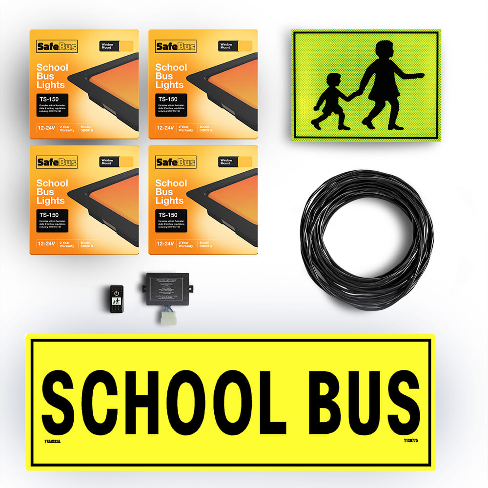 Image of the contents of the Victorian school bus light interior mount kit for Toyota HiAce Commuter buses, including school bus signage, front window mount amber school bus lights, rear window mount school bus lights, flasher unit, switch and wiring loom