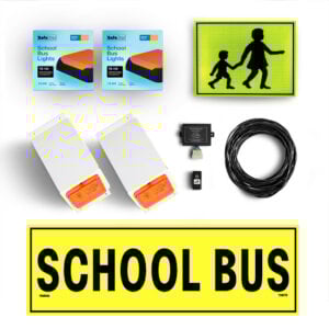 Image of the contents of the Victorian school bus light exterior mount kit for Toyota HiAce Commuter buses, including school bus signage, front amber school bus lights in a white mount, rear surface mount school bus lights, flasher unit, switch and wiring loom