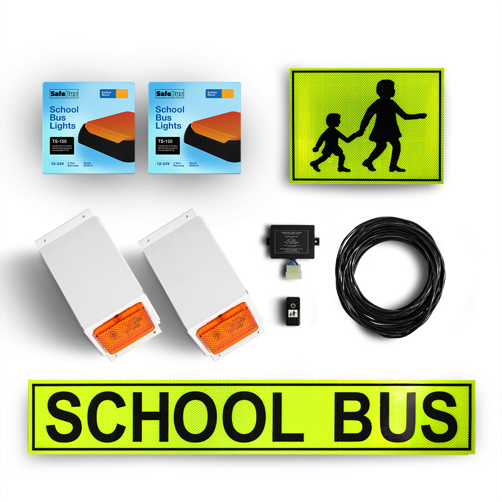 Image of the contents of the Victorian school bus light exterior mount kit for Toyota HiAce Commuter buses, including school bus signage, front amber school bus lights in a white mount, rear surface mount school bus lights, flasher unit, switch and wiring loom