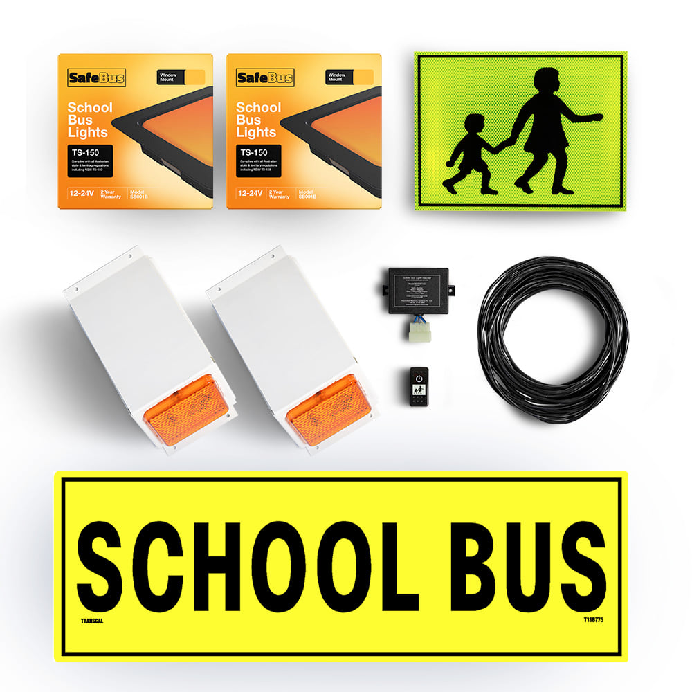 Image of the contents of the Victorian school bus light exterior mount kit for Toyota HiAce Commuter buses, including school bus signage, front amber school bus lights in a white mount, rear window mount school bus lights, flasher unit, switch and wiring loom