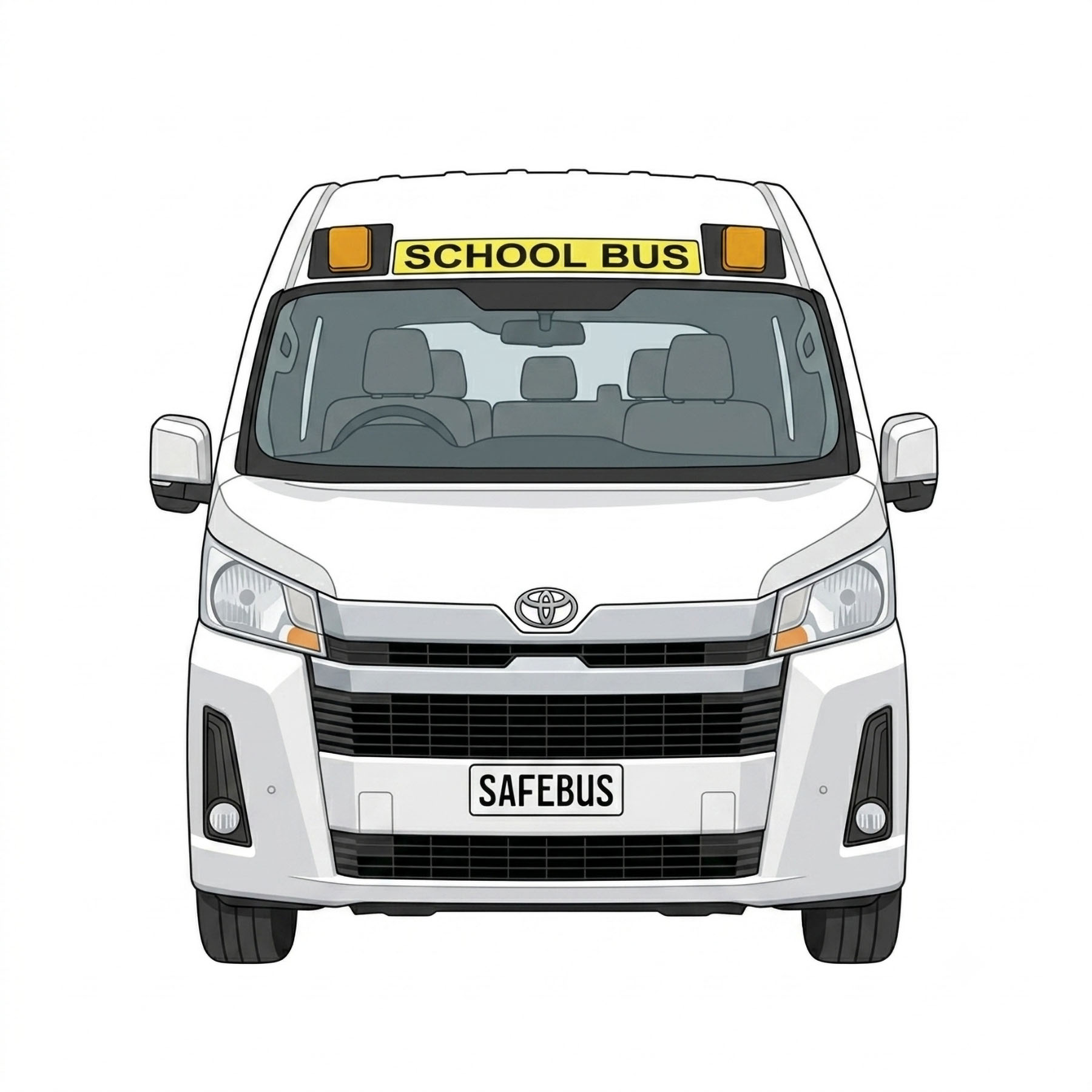 Image of the front of a 2026 6th generation Toyota HiAce Commuter bus with Safebus SB001AN NSW TS150 roof mounted school bus lights and signage installed