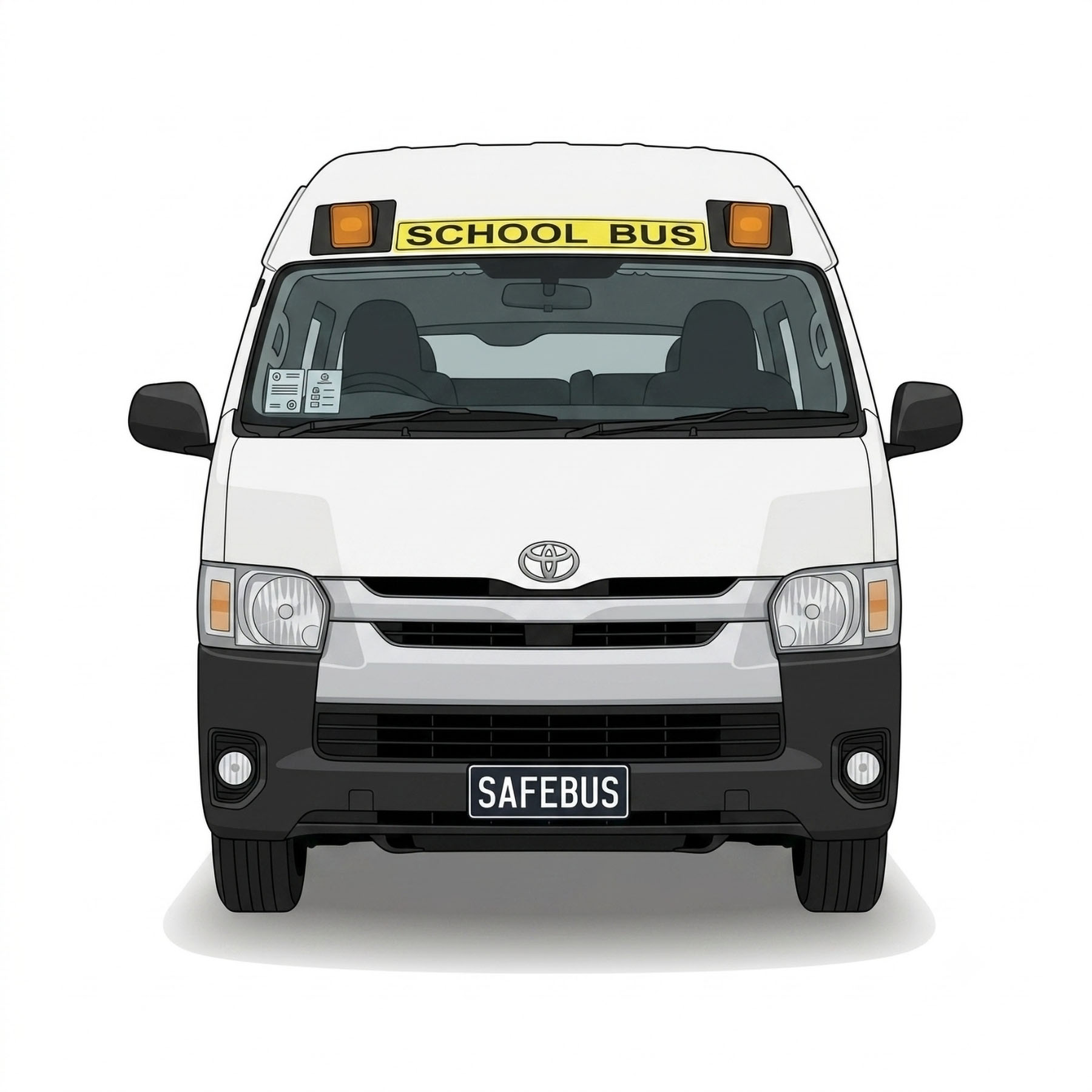 Image of the front of a 2014 5th generation Toyota HiAce Commuter bus with Safebus SB001AN NSW TS150 roof mounted school bus lights and signage installed