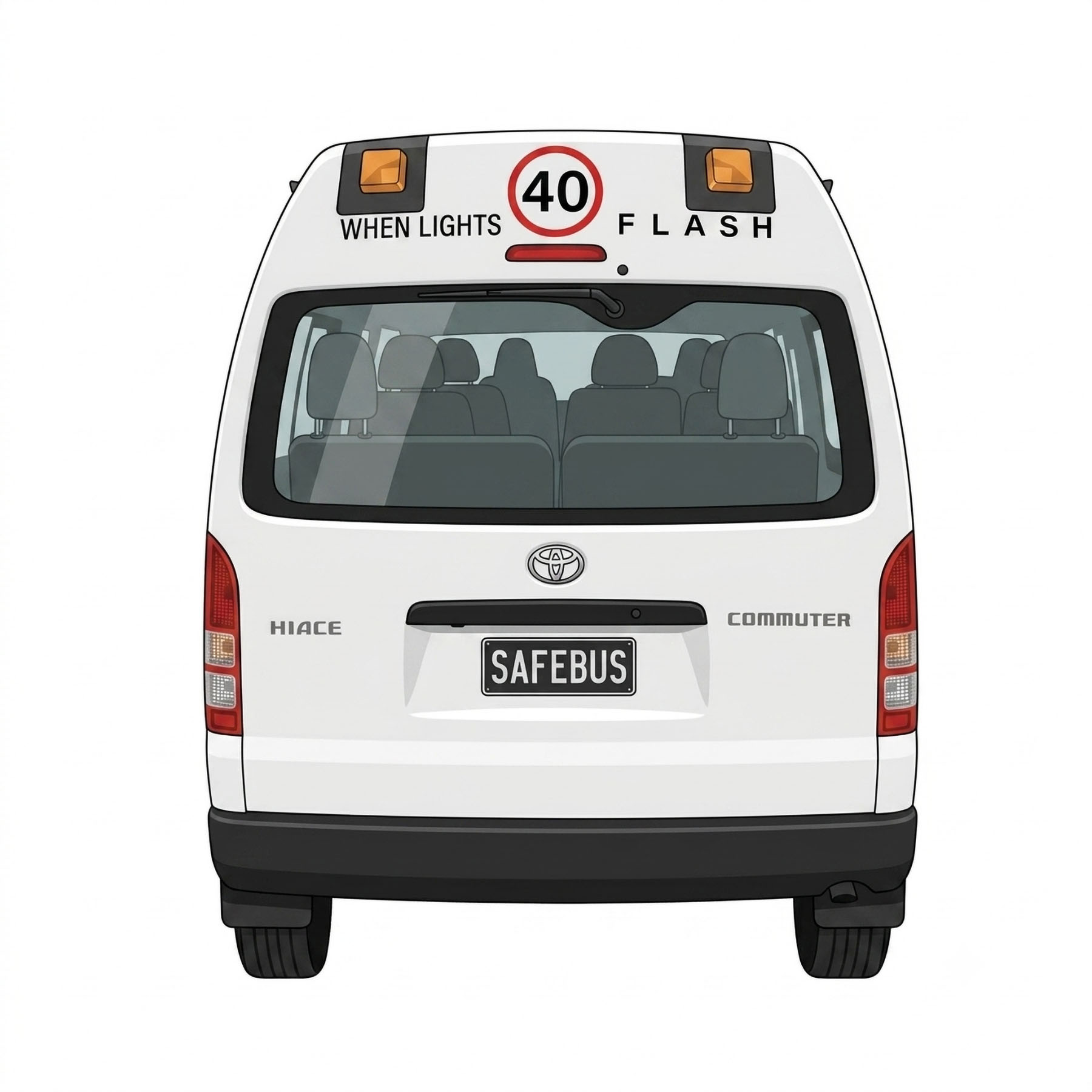 Image of the rear of a 2014 5th generation Toyota HiAce Commuter bus with Safebus SB001AN exterior mount NSW TS-150 school bus lights, Small School Bus 40Km/h and Small When Lights Flash Signage installed