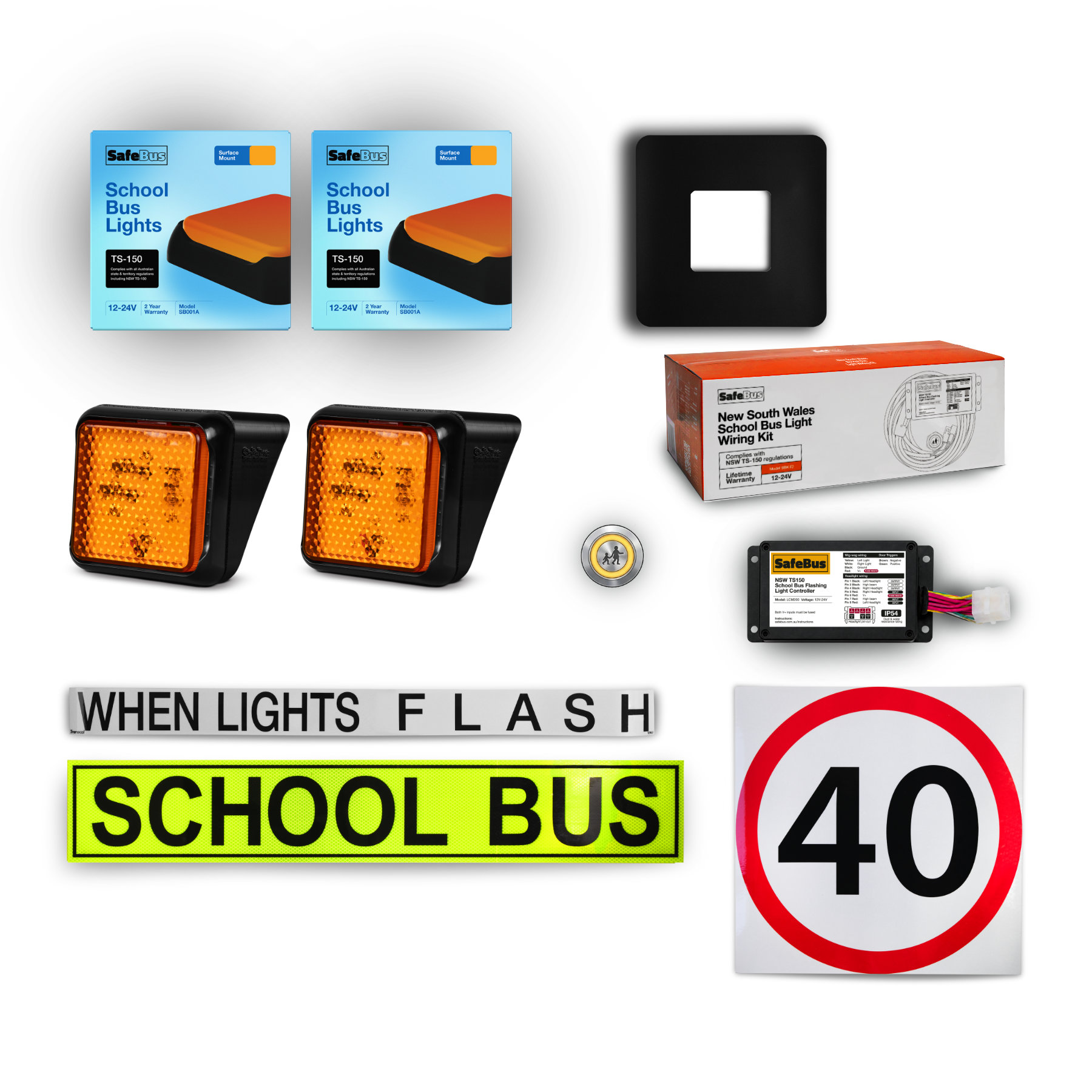 Image of the contents of the NSW TS-150 School Bus Light Kit external mount for school buses, including school bus signage, SB004 front surface mount amber school bus lights, SB001A rear surface mount school bus lights, LCM200 flasher unit, switch and wiring loom.