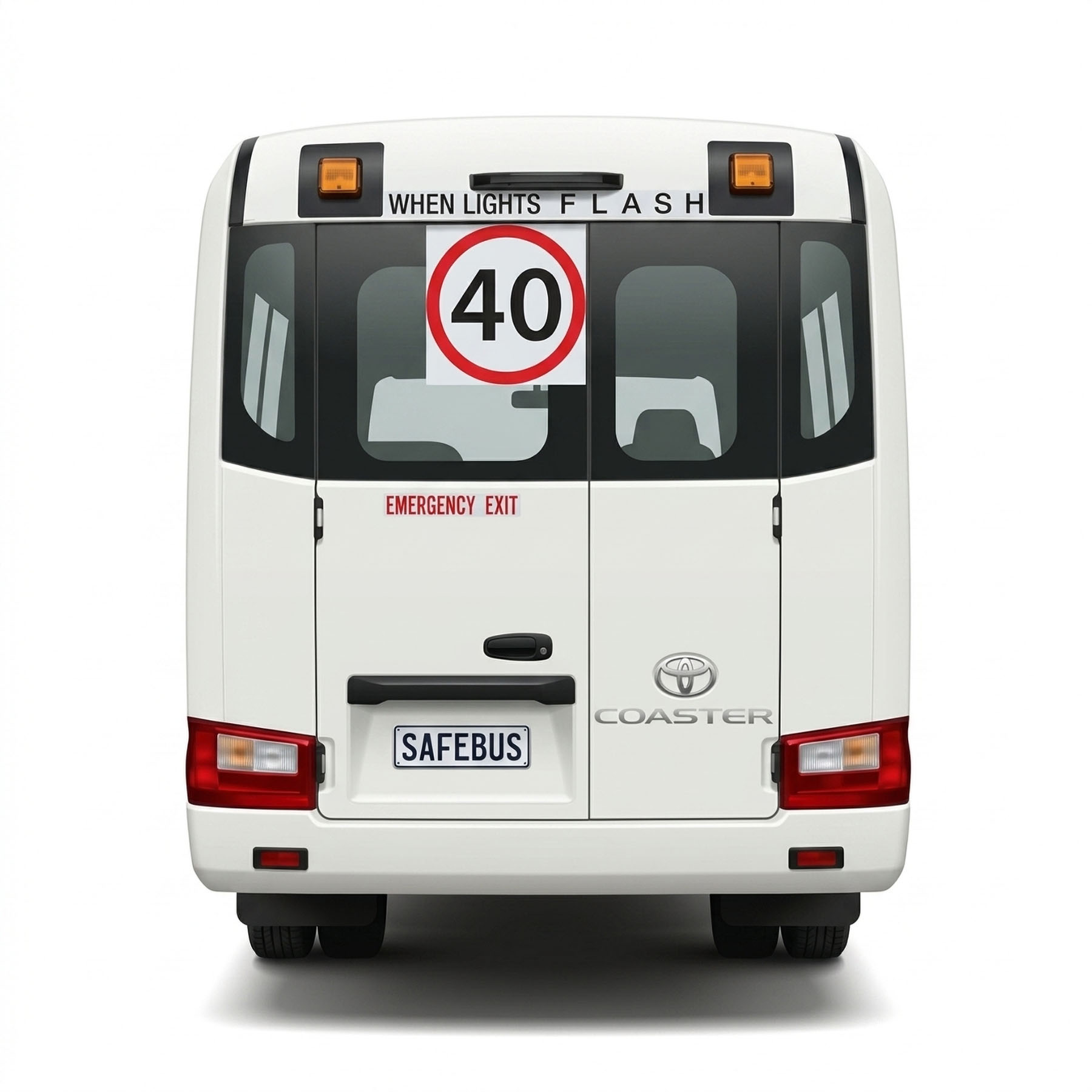 Image of the rear of a 2024 4th generation B80 Toyota Coaster bus with Safebus SB001A surface mount New South Wales TS150 school bus lights and and Small When Lights Flash signage installed