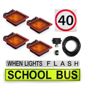 Image of the contents of the Tasmanian school bus light kit for buses, including school bus signage, front amber school bus lights in a white mount, rear window mount school bus lights, flasher unit, switch and wiring loom