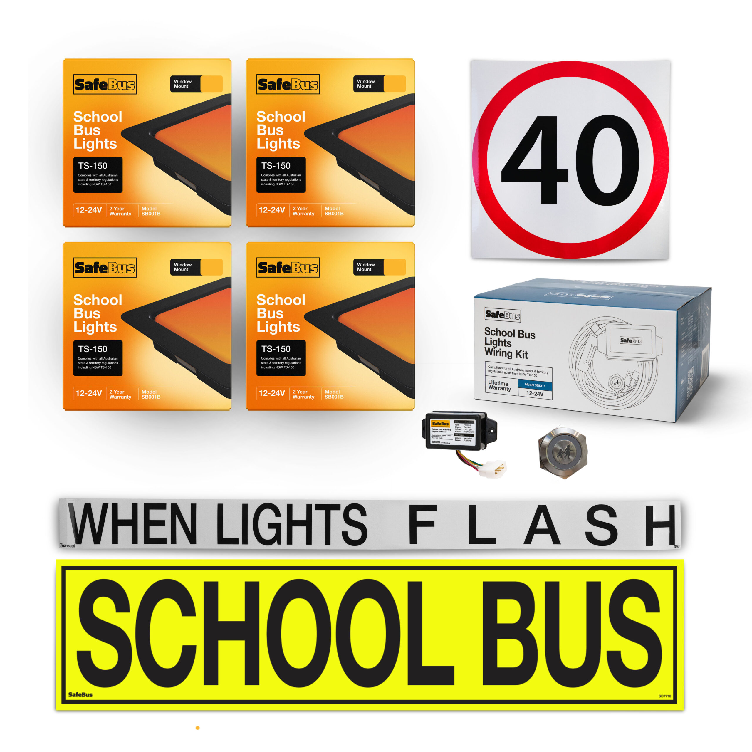 Image of the contents of the Tasmanian school bus light kit for buses, including SB7718 school bus signage, SB001B front amber window mount school bus lights, SB001B rear window mount school bus lights, LCM100 flasher unit, switch and wiring loom