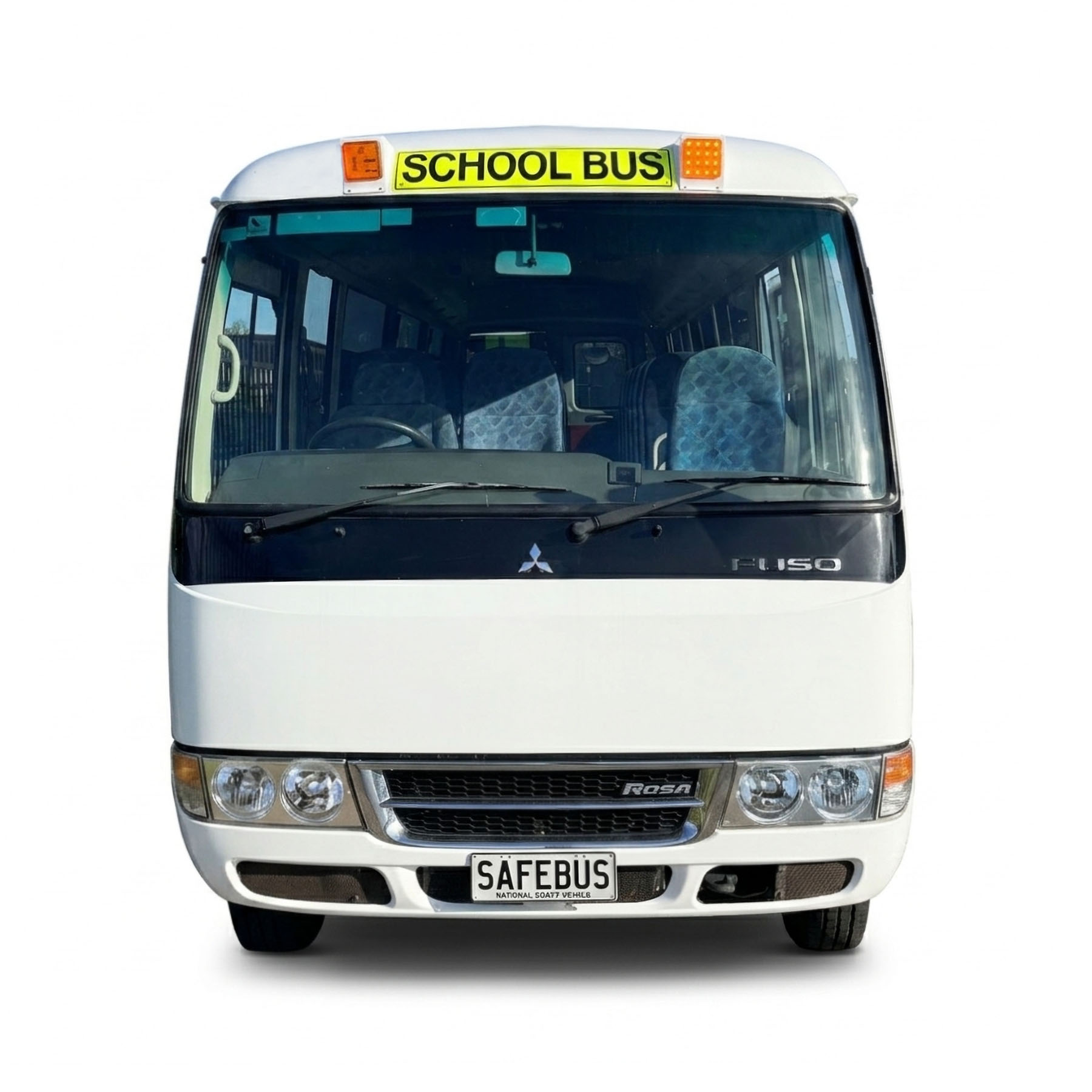 Photo of the front of a 2017 Mitsubishi Rosa bus with school bus lights and signage installed