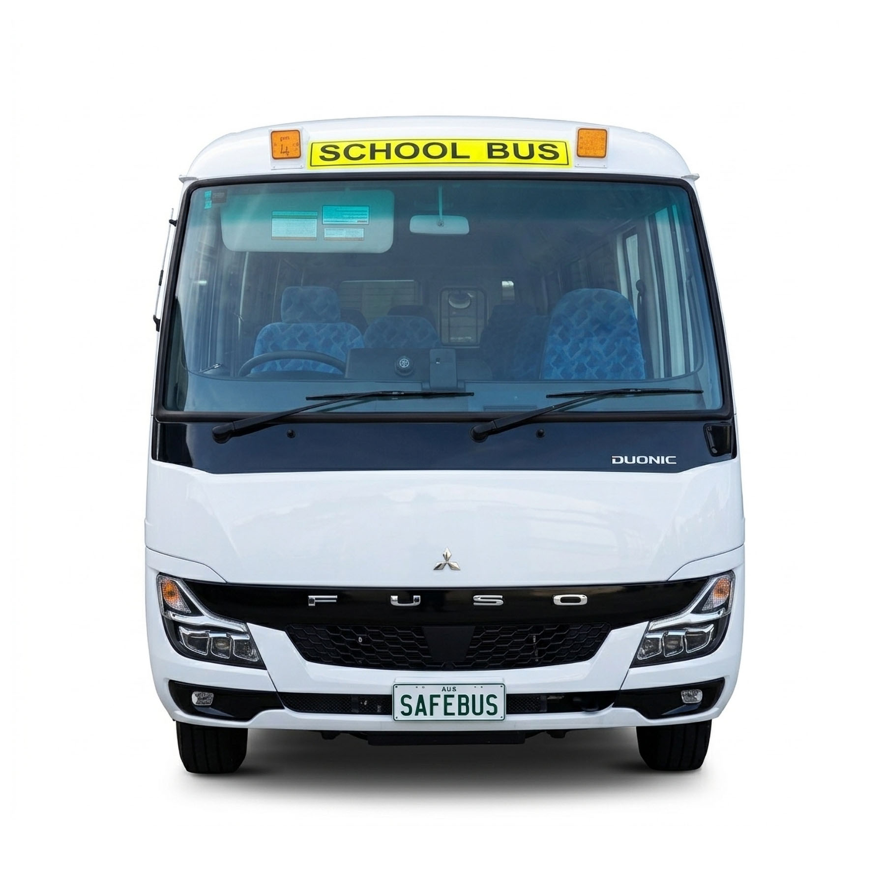 Photo of the front of a 2026 Mitsubishi Rosa bus with school bus lights and signage installed