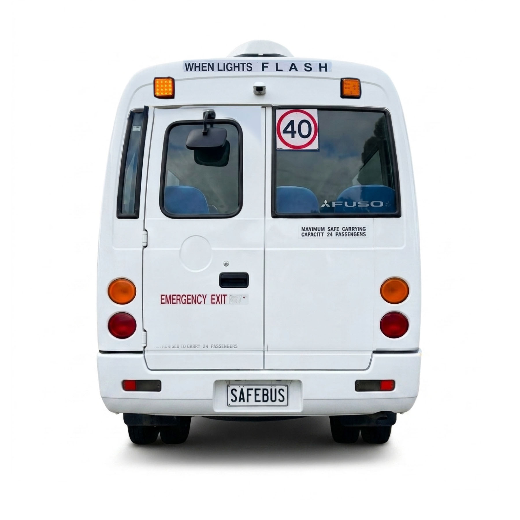 Image of the rear of a SafeBus school bus light kit installation — Mitsubishi Rosa (2019+)