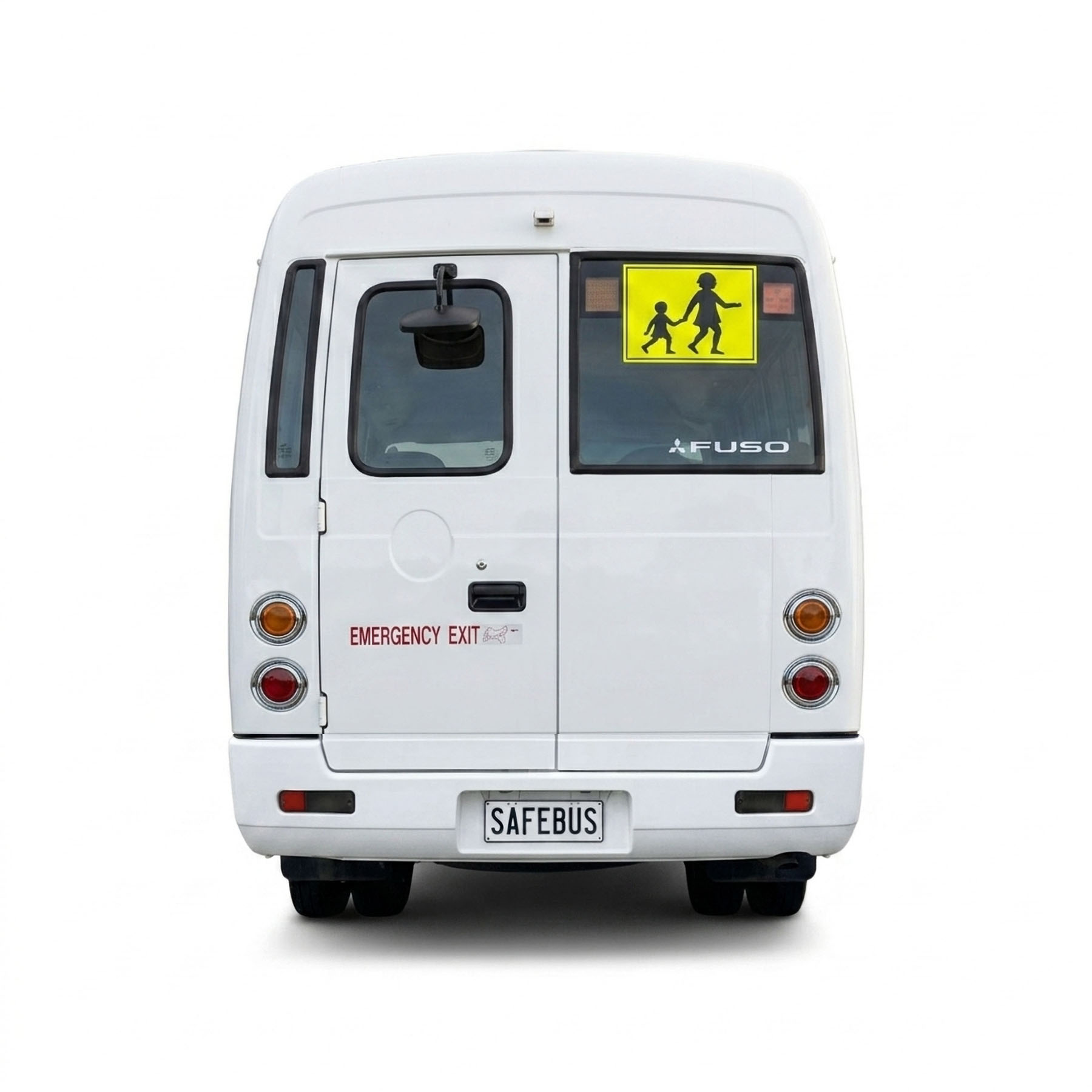 Photo of the rear of a 2017 4th generation BE6 Mitsubishi Rosa bus with Safebus SB001B window mount school bus lights and signage installed