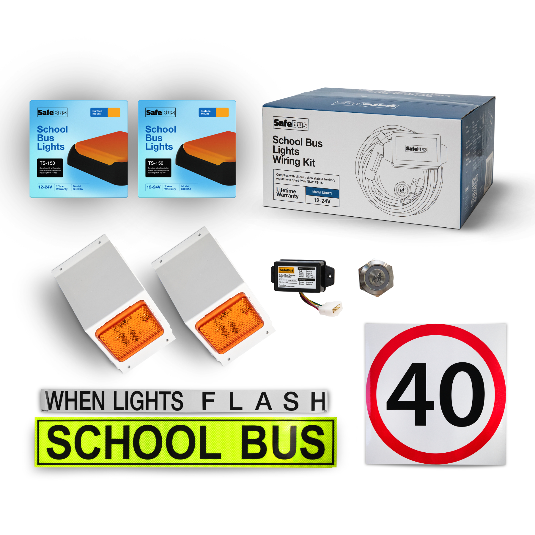 Image of the contents of the Tasmanian school bus light kit for Mitsubishi Rosa buses, including school bus signage, front amber school bus lights in a white mount, rear surface mount school bus lights, flasher unit, switch and wiring loom