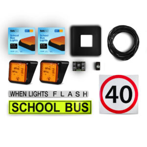 Image of the contents of the NSW TS-150 School Bus Light Kit external mount for school buses, including school bus signage, front surface mount amber school bus lights, rear surface mount school bus lights, flasher unit, switch and wiring loom.