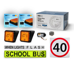 Image of the contents of the Tasmanian School Bus Light Kit external mount for school buses, including school bus signage, front surface mount amber school bus lights, rear surface mount school bus lights, flasher unit, switch and wiring loom.