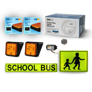 Image of the contents of the Victorian, South Australian, Queensland, Western Australian, ACT, Northern Territory School Bus Light Kit external mount for school buses, including school bus signage, front surface mount amber school bus lights, rear surface mount school bus lights, flasher unit, switch and wiring loom.