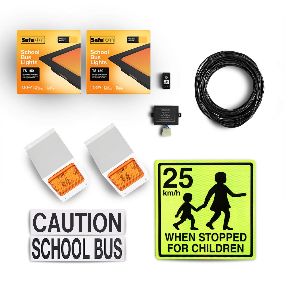 Image of the contents of the school bus lights interior, hybrid & exterior mount kit for School buses, including school bus signage, front window mount amber school bus lights, rear surface mount school bus lights, flasher unit, switch and wiring loom for South Australia