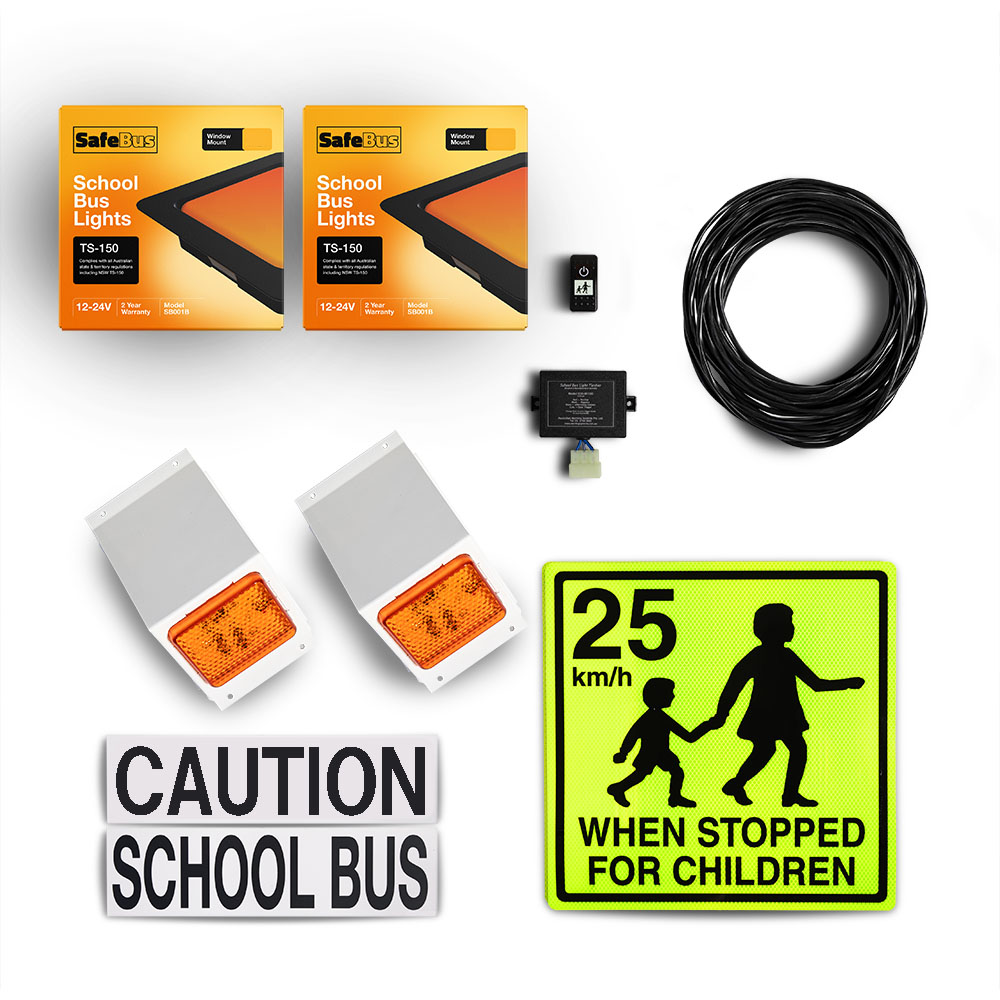 Image of the contents of the school bus lights interior, hybrid & exterior mount kit for School buses, including school bus signage, front window mount amber school bus lights, rear surface mount school bus lights, flasher unit, switch and wiring loom for South Australia