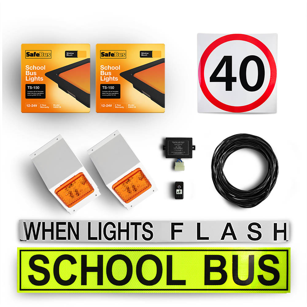 Image of the contents of the Tasmanian school bus light kit for Mitsubishi Rosa buses, including school bus signage, front amber school bus lights in a white mount, rear window mount school bus lights, flasher unit, switch and wiring loom