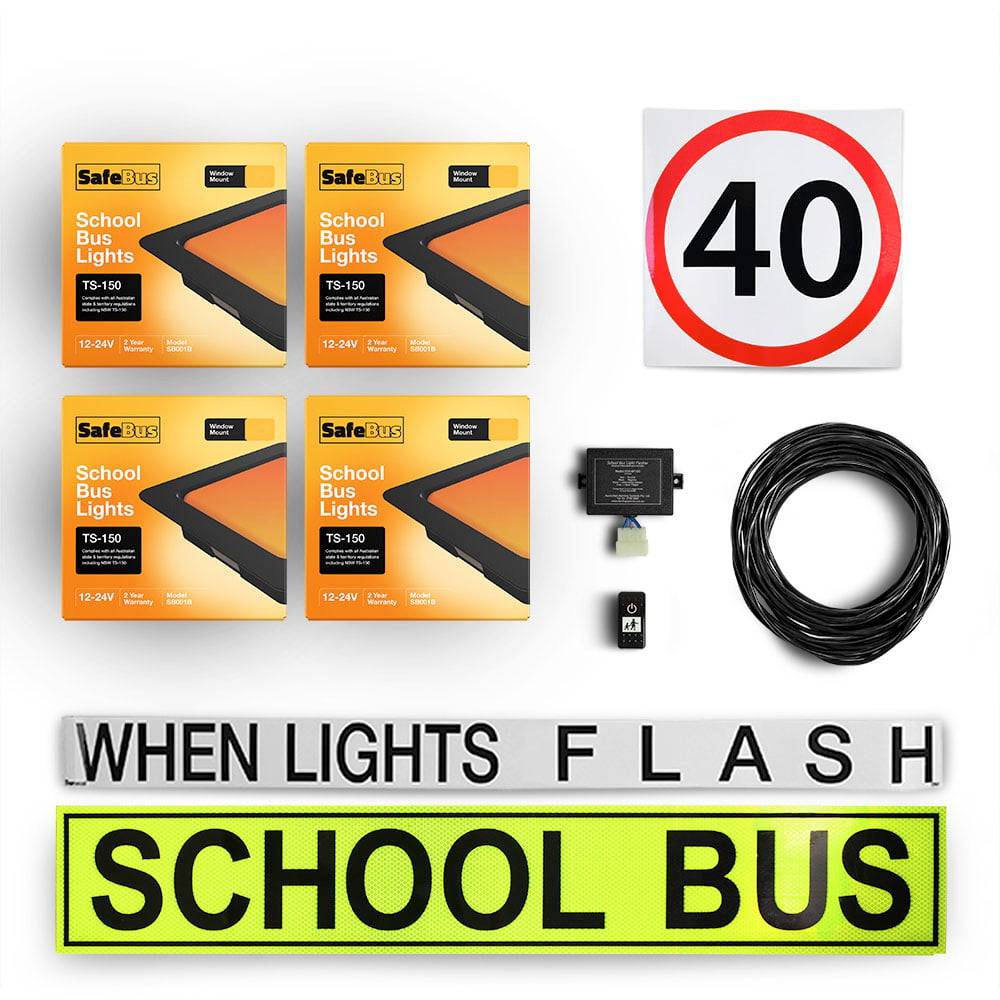 Image of the contents of the Tasmanian school bus light kit for buses, including school bus signage, front amber school bus lights in a white mount, rear window mount school bus lights, flasher unit, switch and wiring loom