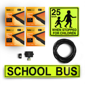 Image of the contents of the South Australian school bus light interior mount kit for Toyota HiAce Commuter buses, including school bus signage, front window mount amber school bus lights, rear window mount school bus lights, flasher unit, switch and wiring loom