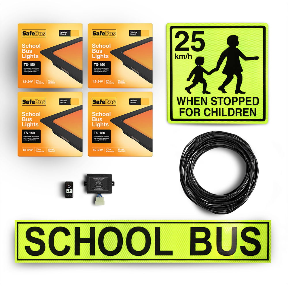 Image of the contents of the South Australian school bus light interior mount kit for Toyota HiAce Commuter buses, including school bus signage, front window mount amber school bus lights, rear window mount school bus lights, flasher unit, switch and wiring loom
