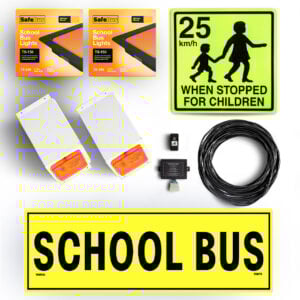 Image of the contents of the South Australian school bus light exterior mount kit for Toyota HiAce Commuter buses, including school bus signage, front amber school bus lights in a white mount, rear surface mount school bus lights, flasher unit, switch and wiring loom