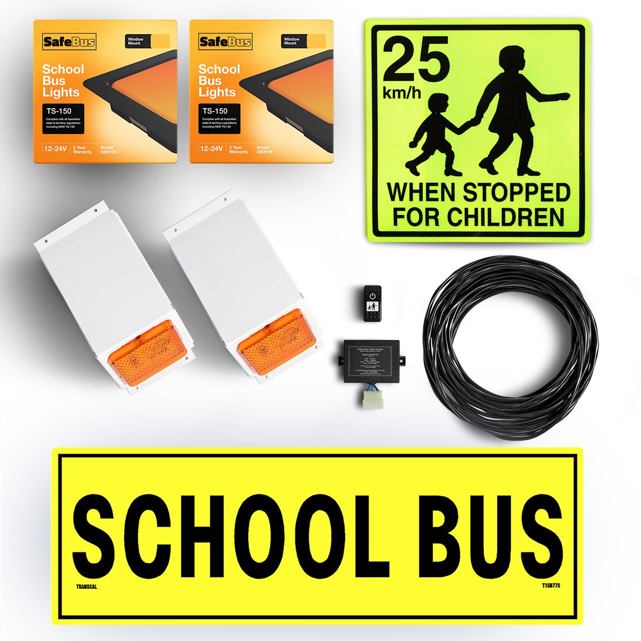 Image of the contents of the South Australian school bus light exterior mount kit for Toyota HiAce Commuter buses, including school bus signage, front amber school bus lights in a white mount, rear surface mount school bus lights, flasher unit, switch and wiring loom