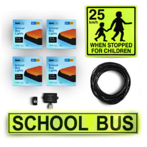 Image of the contents of the South Australian School Bus Light Kit external mount for school buses, including school bus signage, 25km when stopped for children, front surface mount amber school bus lights, rear surface mount school bus lights, flasher unit, switch and wiring loom.