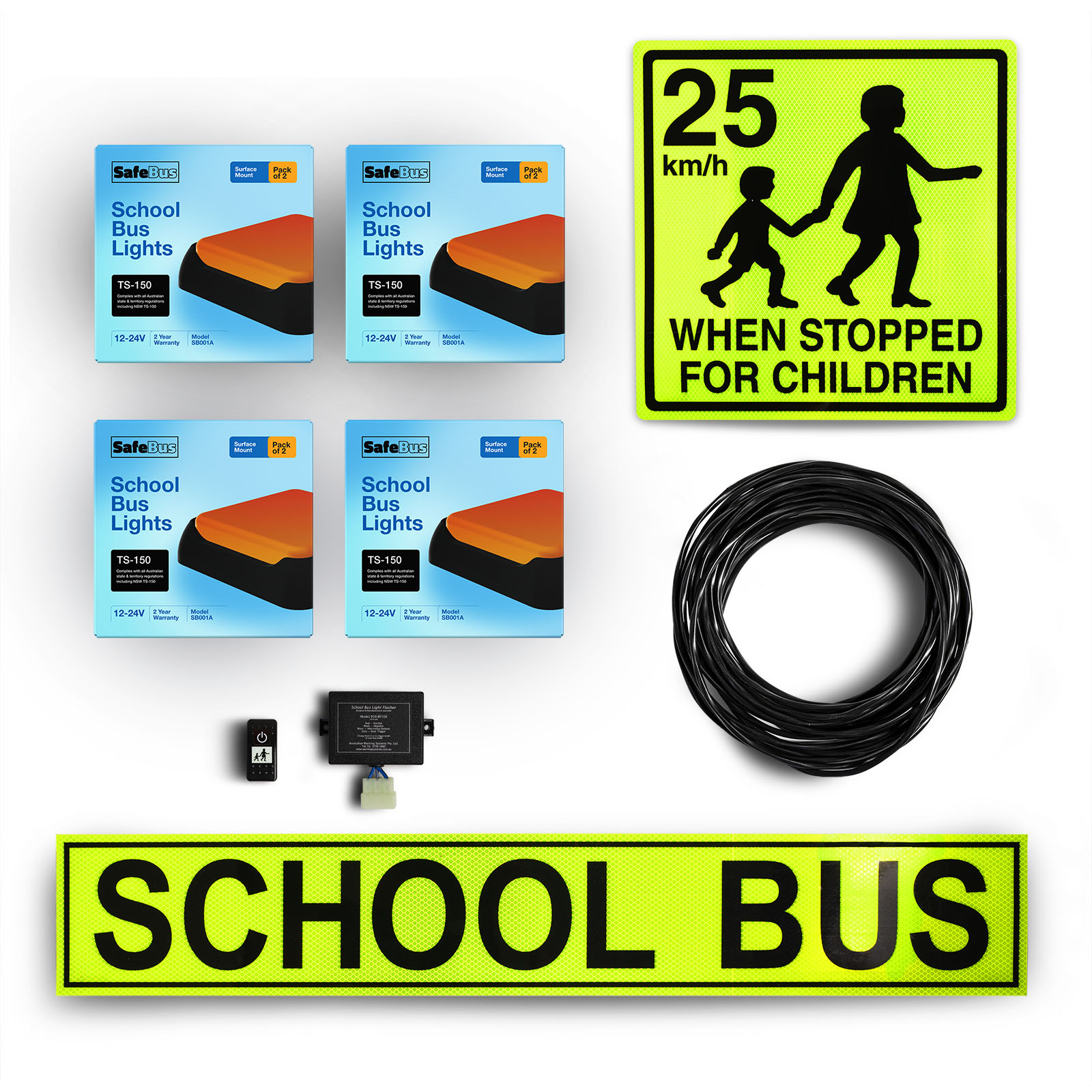Image of the contents of the South Australian School Bus Light Kit external mount for school buses, including school bus signage, 25km when stopped for children, front surface mount amber school bus lights, rear surface mount school bus lights, flasher unit, switch and wiring loom.