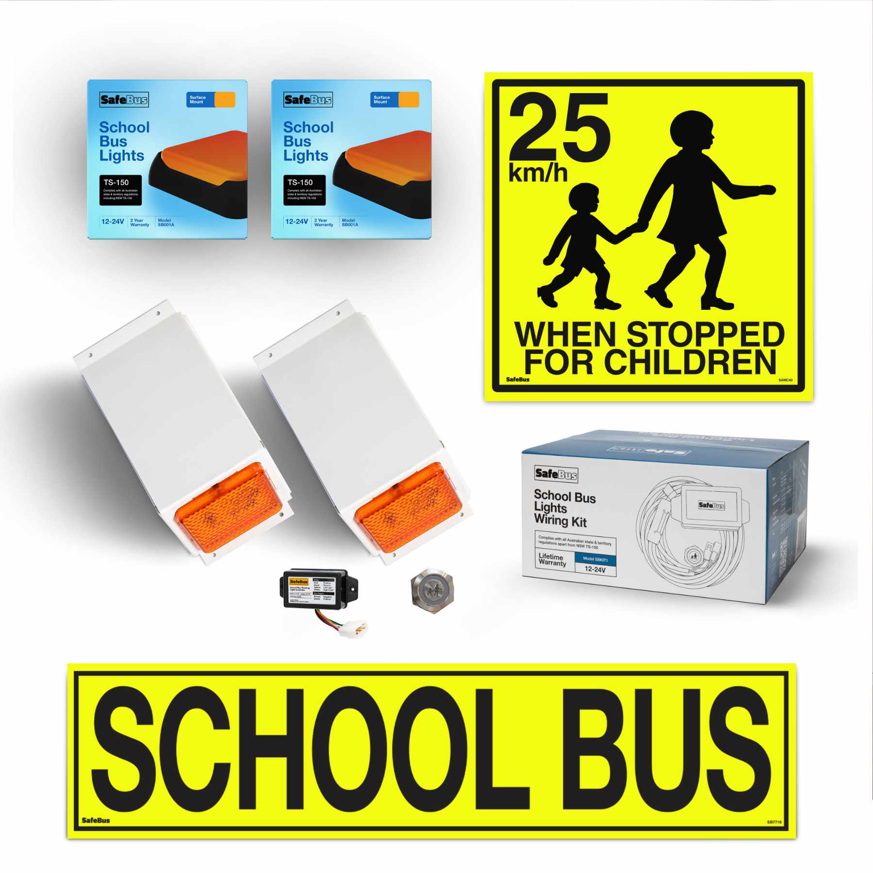 Image of the contents of the Victorian & Queensland school bus light exterior mount kit for Toyota HiAce Commuter buses, including school bus signage, front amber school bus lights in a white mount, rear surface mount school bus lights, flasher unit, switch and wiring loom