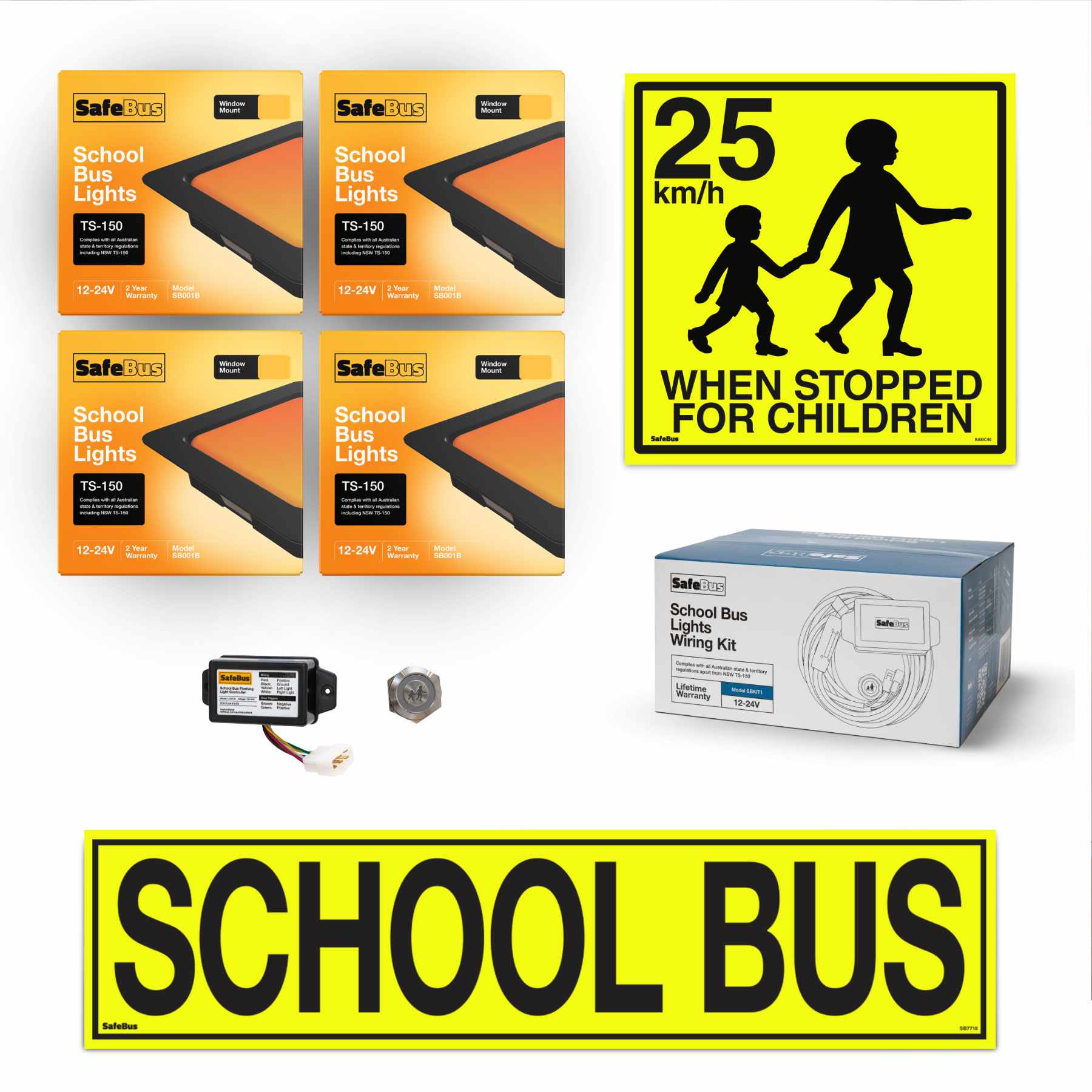 Image of the contents of the SBKIT1 South Australian school bus light interior mount kit for Toyota HiAce Commuter buses, including SB7718 school bus signage, SB001B front window mount amber school bus lights, SB001Brear window mount school bus lights, LCM100flasher unit, switch and wiring loom