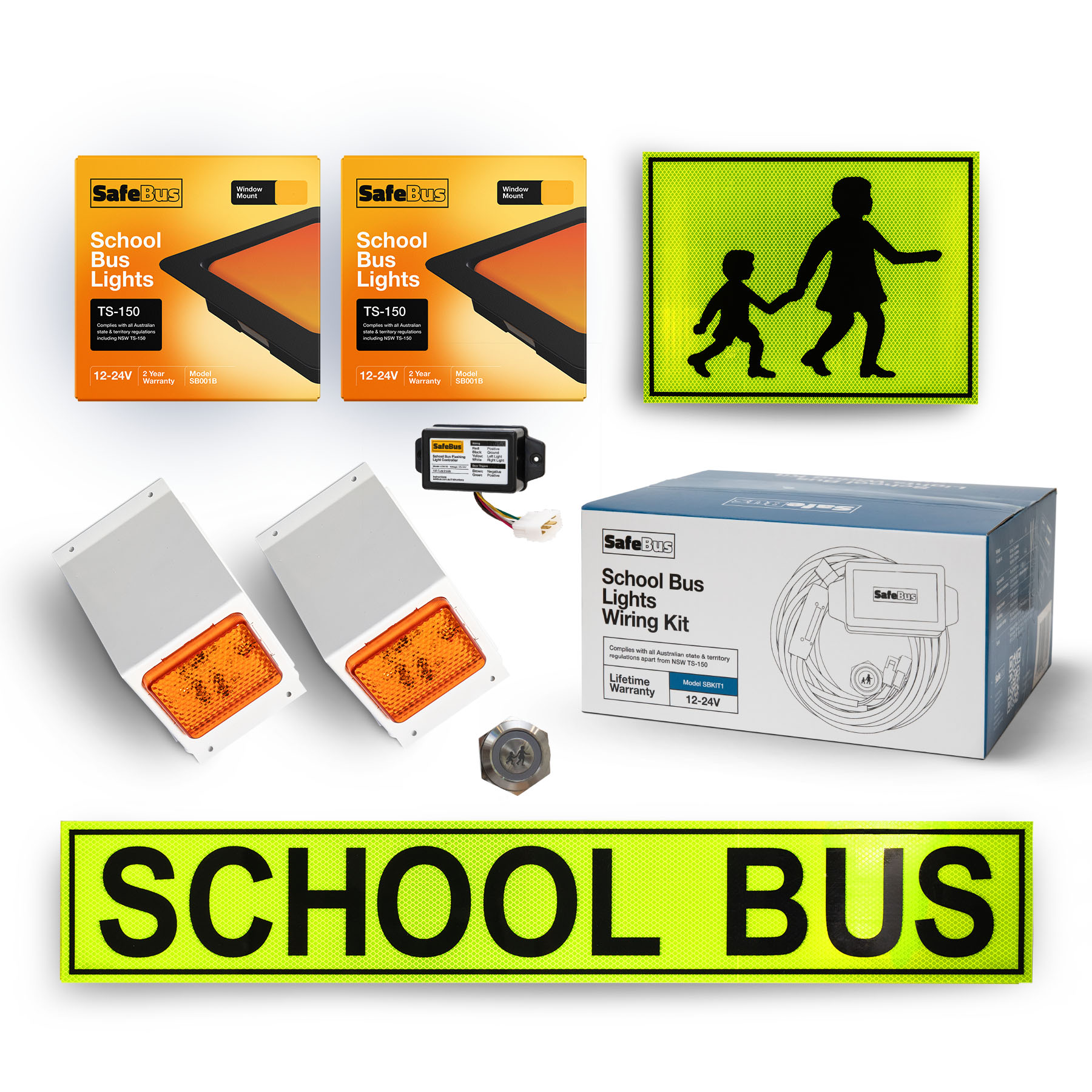 Image of the contents of the Mitsubishi Rosa Victorian, South Australian, Queensland, Western Australian, ACT, Northern Territory School Bus Light Kit external mount for school buses, including school bus signage, front roof mount amber school bus lights, rear window mount school bus lights, flasher unit, switch and wiring loom.