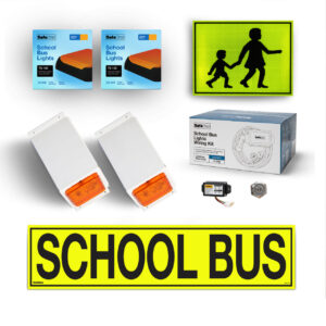 Image of the contents of the Victorian & Queensland school bus light exterior mount kit for Toyota HiAce Commuter buses, including school bus signage, front amber school bus lights in a white mount, rear surface mount school bus lights, flasher unit, switch and wiring loom