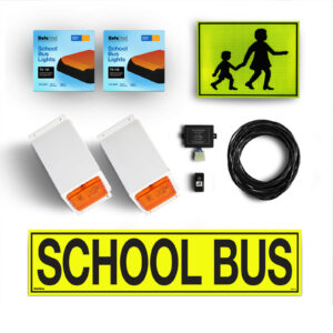 Image of the contents of the Victorian school bus light exterior mount kit for Toyota HiAce Commuter buses, including school bus signage, front amber school bus lights in a white mount, rear surface mount school bus lights, flasher unit, switch and wiring loom