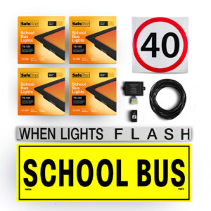 Image of the contents of the Tasmanian school bus light kit for buses, including school bus signage, front amber school bus lights in a white mount, rear window mount school bus lights, flasher unit, switch and wiring loom