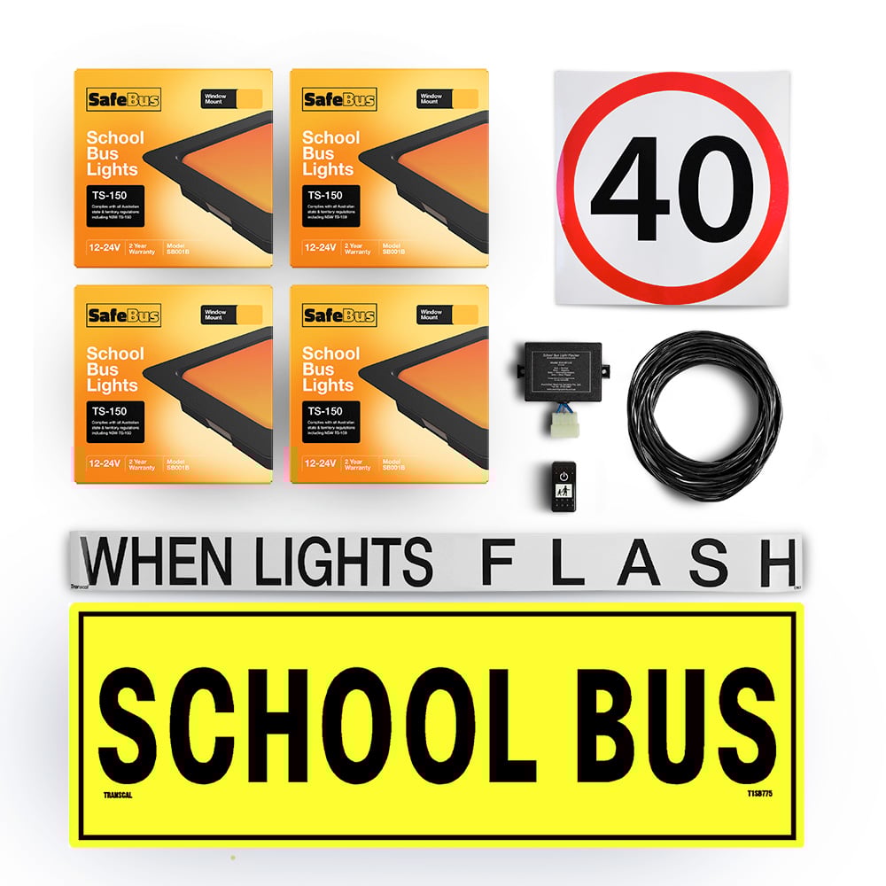 Image of the contents of the Tasmanian school bus light kit for buses, including school bus signage, front amber school bus lights in a white mount, rear window mount school bus lights, flasher unit, switch and wiring loom
