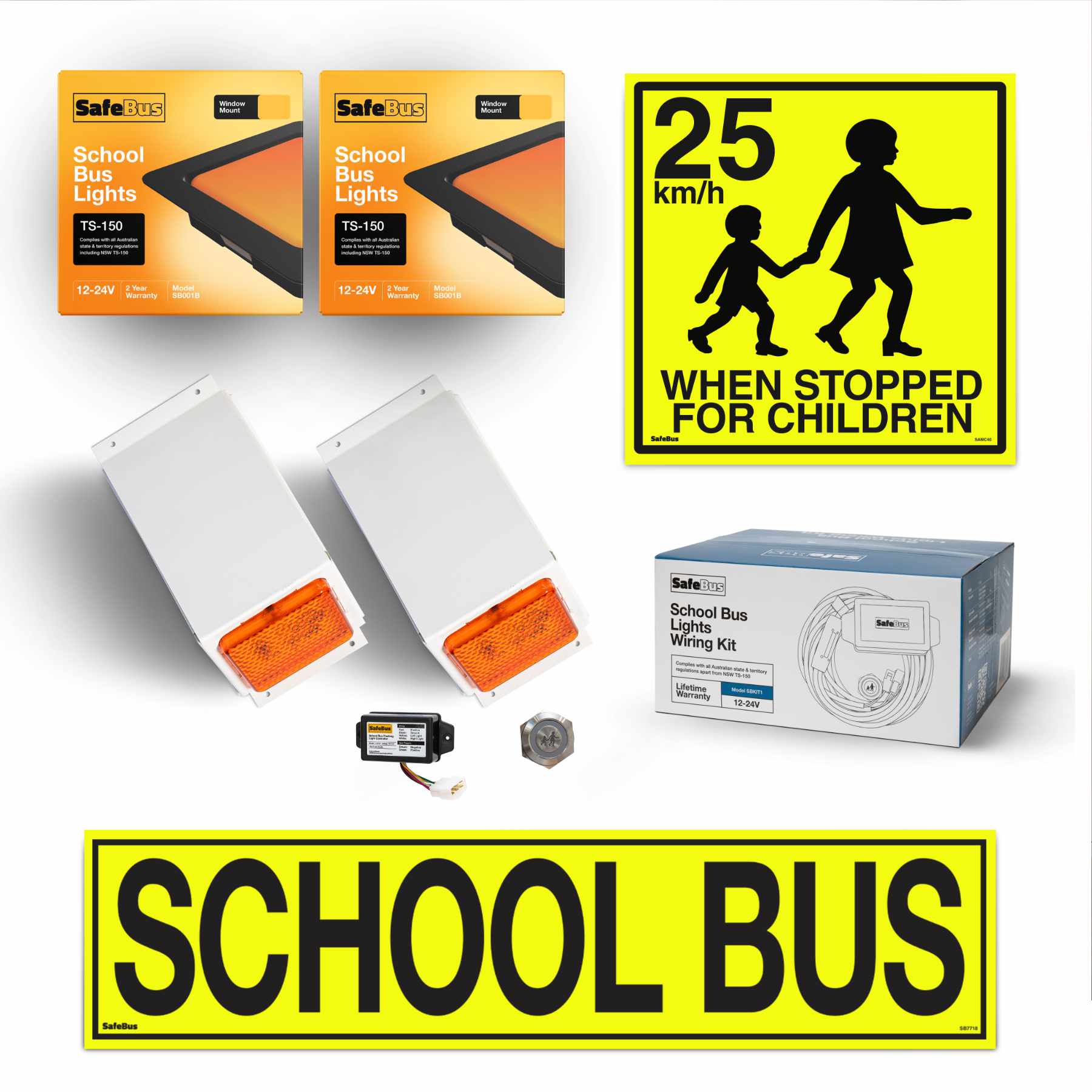 Image of the contents of the SBKIT1 South Australian school bus light exterior mount kit for Toyota HiAce Commuter buses, including SB7718 school bus signage, SB001B front amber school bus lights in a white mount, SB001B rear window mount school bus lights, LCM100 flasher unit, switch and wiring loom