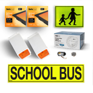 Image of the contents of the SBKIT1 Victorian school bus light exterior mount kit for Toyota HiAce Commuter buses, including SB7718 school bus signage, SB001B front amber school bus lights in a white mount, SB001B rear window mount school bus lights, LCM100 flasher unit, switch and wiring loom
